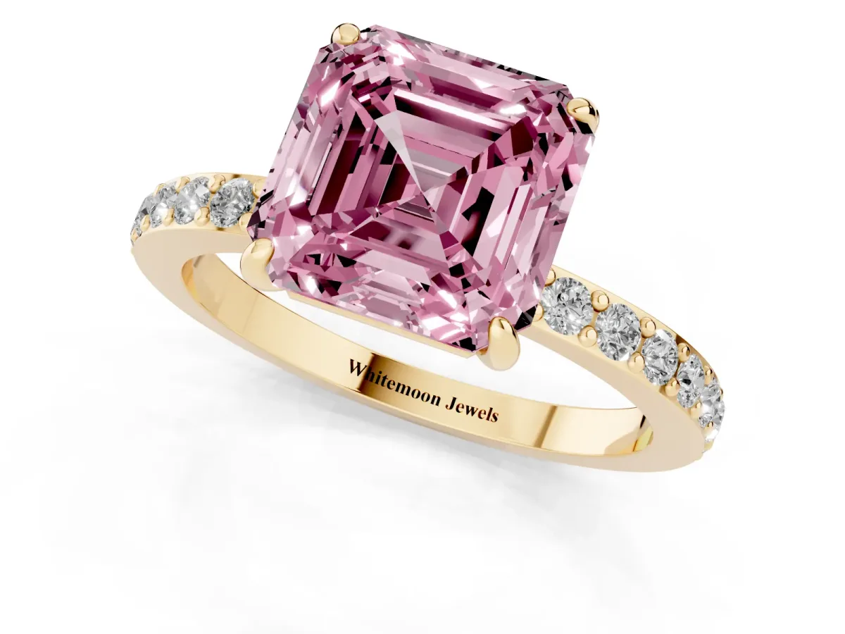 Fancy Pink Asscher Cut Diamond Pavé Engagement Ring with Round Accents and Prong Setting Yellow gold