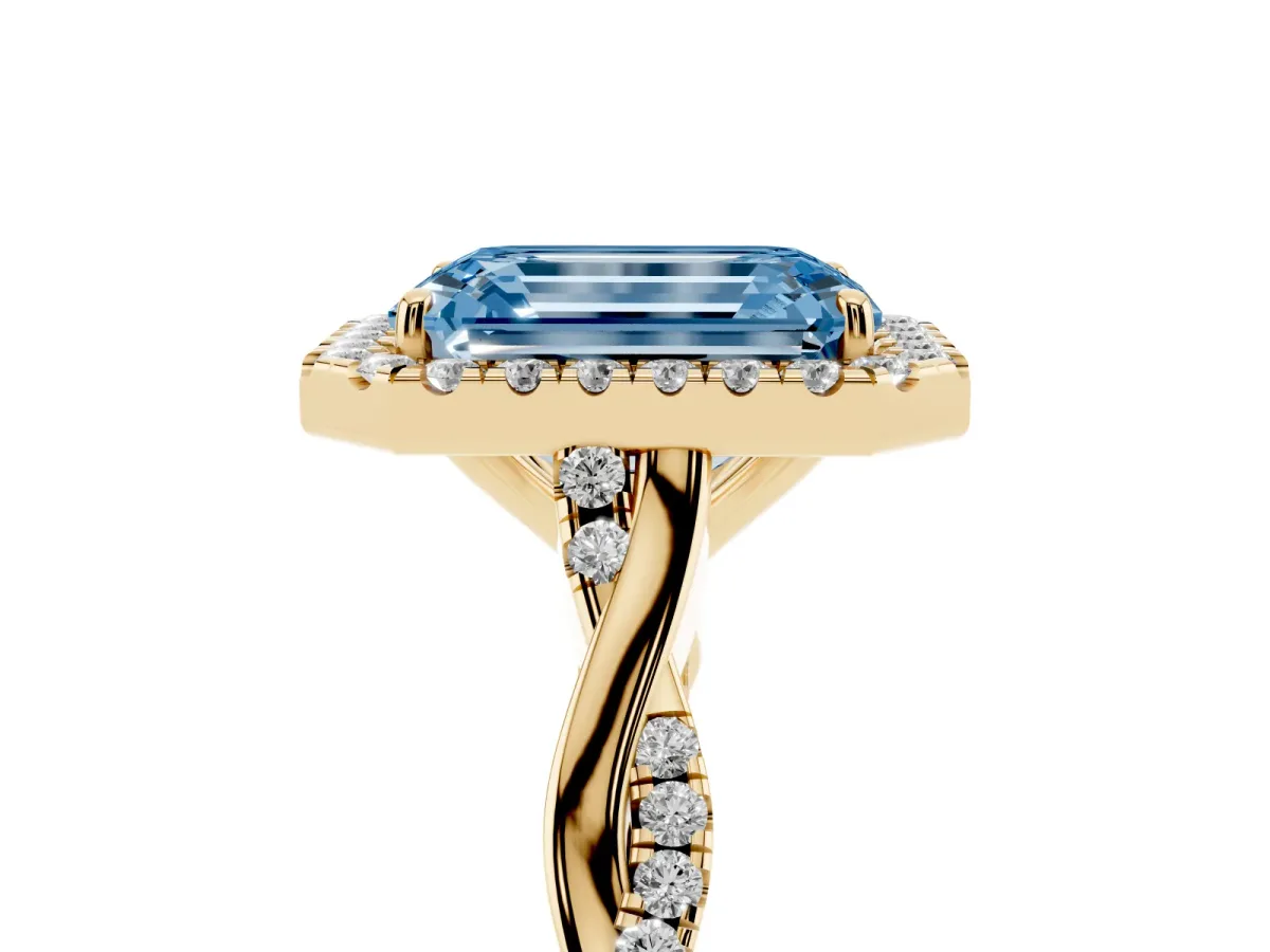 Fancy Blue Emerald Cut Halo Twist Band Solitaire Ring Yellow gold