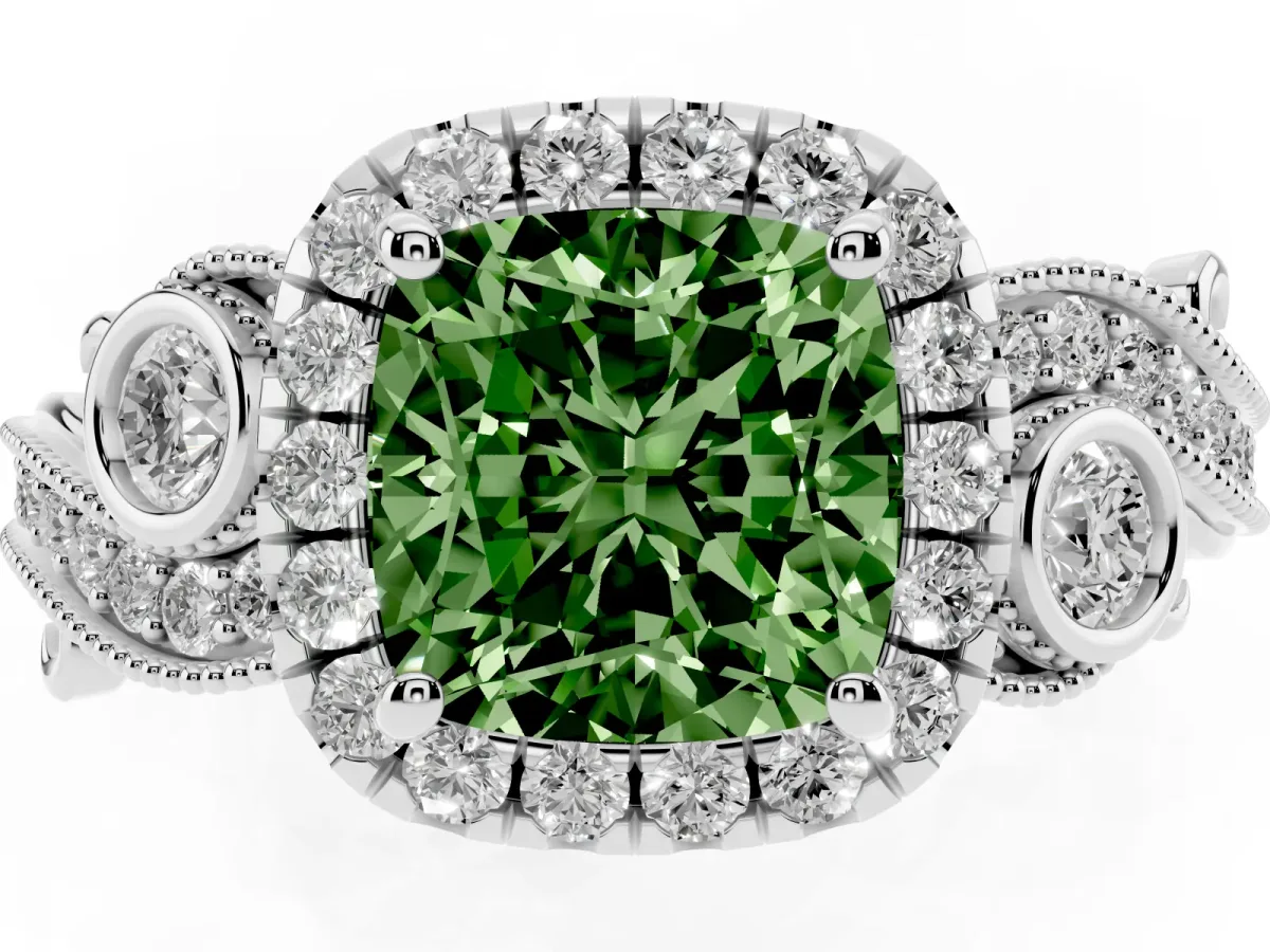 Fancy Green Cushion Cut Halo Diamond Ring with Milgrain and Bezel Accents on a Split Shank Band White gold