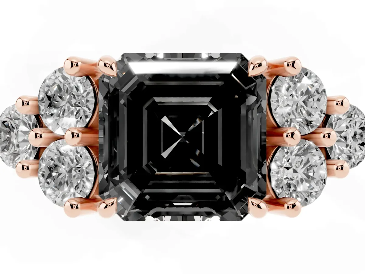 Fancy Black Asscher Cut Brilliant Diamond Cluster Accent Solitaire Ring with Prong Setting Rose gold