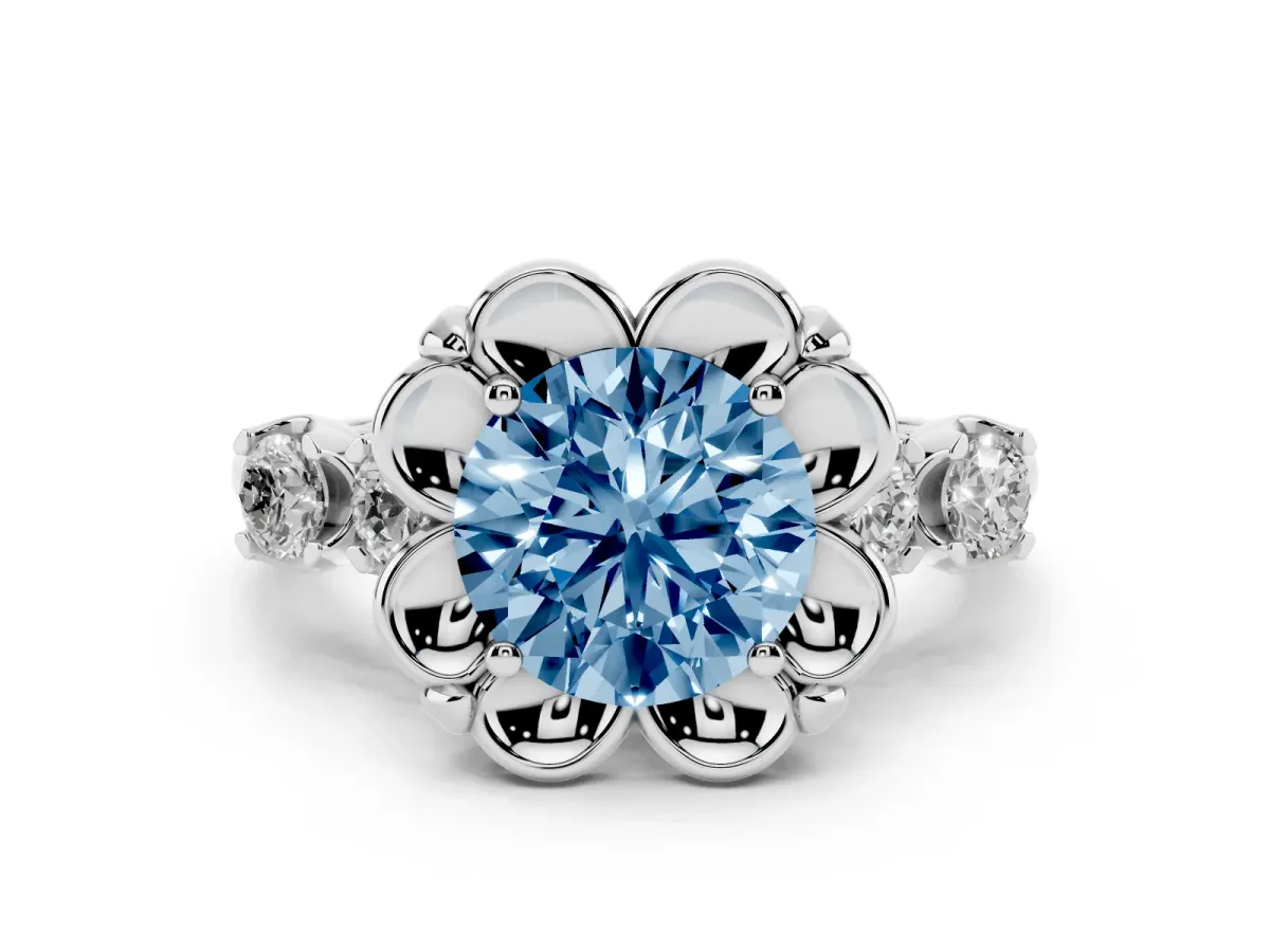 Fancy Blue Round Cut Cut Diamond Floral Halo Engagement Ring with Shared Prong Setting Silver