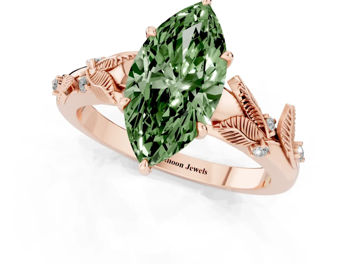 Fancy Green Marquise Cut Diamond Solitaire Ring with Leaf Motif Band and Four-Prong Setting Rose gold