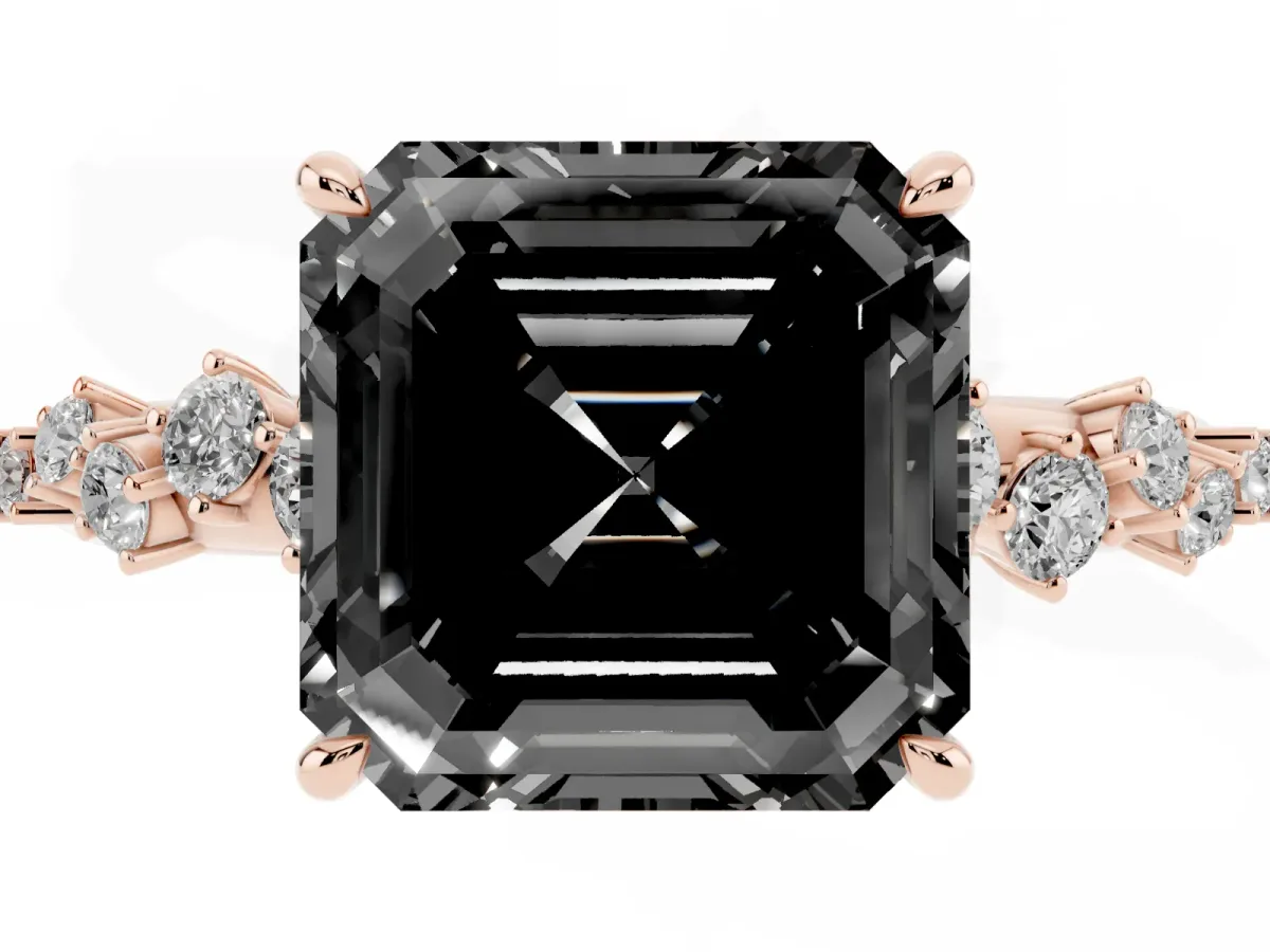 Fancy Black Asscher Cut Diamond Cluster Side Stone Solitaire Ring with Prong Setting Rose gold