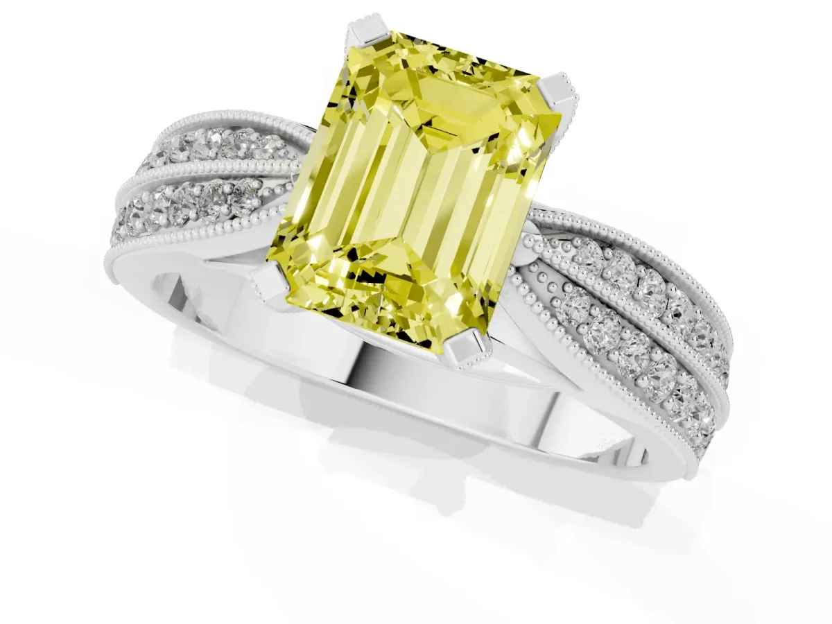 Fancy Yellow Emerald Cut Diamond Solitaire Ring with Milgrain Round Pavé Band and Prong Setting Silver
