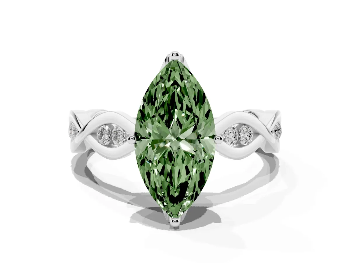 Fancy Green Marquise Cut Solitaire Twist Band with Leaf Prong Setting Silver