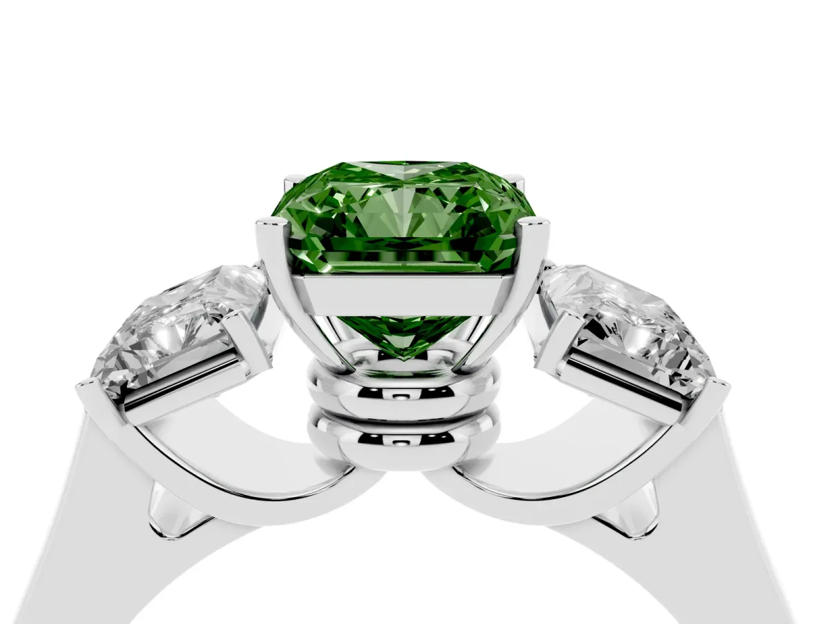 Fancy Green Three-Stone Radiant Cut Brilliant Diamond Trellis Ring with Comfort Fit Band Silver