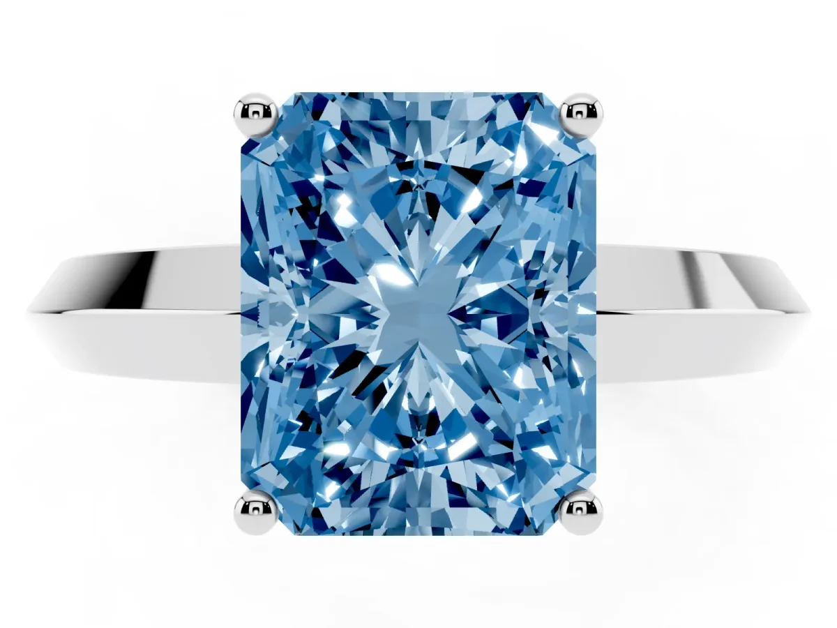 Fancy Blue Radiant Cut Cut Solitaire Engagement Ring with Flat Band and Four-Prong Setting Silver