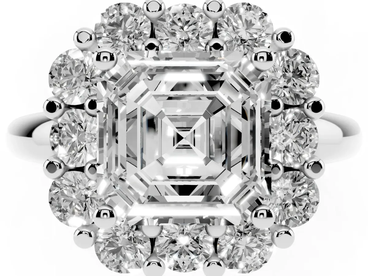 Asscher Cut Halo Cluster Diamond Engagement Ring with Prong Setting and Polished Band White gold