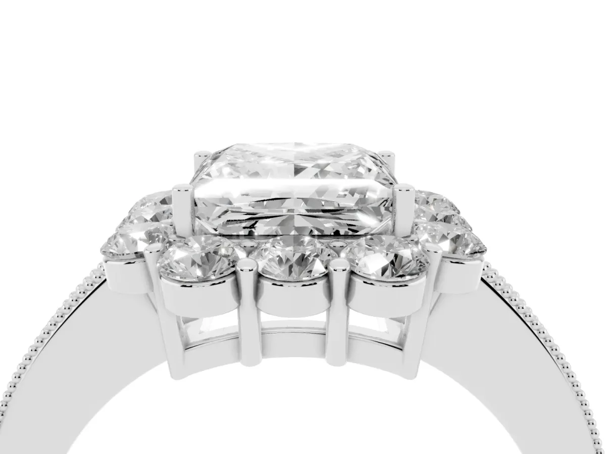 Princess Cut Cut Halo Diamond Pavé Engagement Ring with Milgrain Detailing Platinum