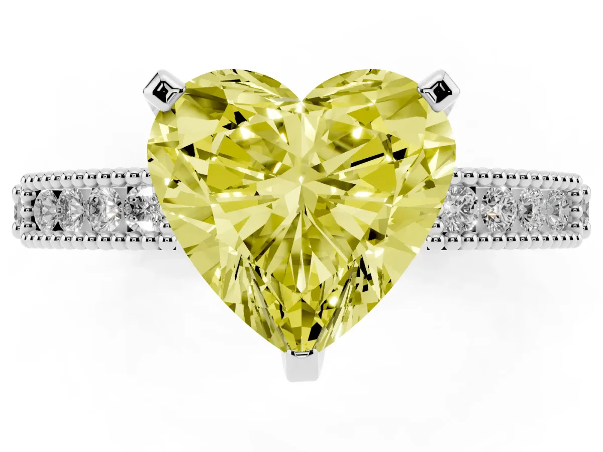 Fancy Yellow Heart Cut Solitaire with Pavé Band and Four-Prong Setting Silver