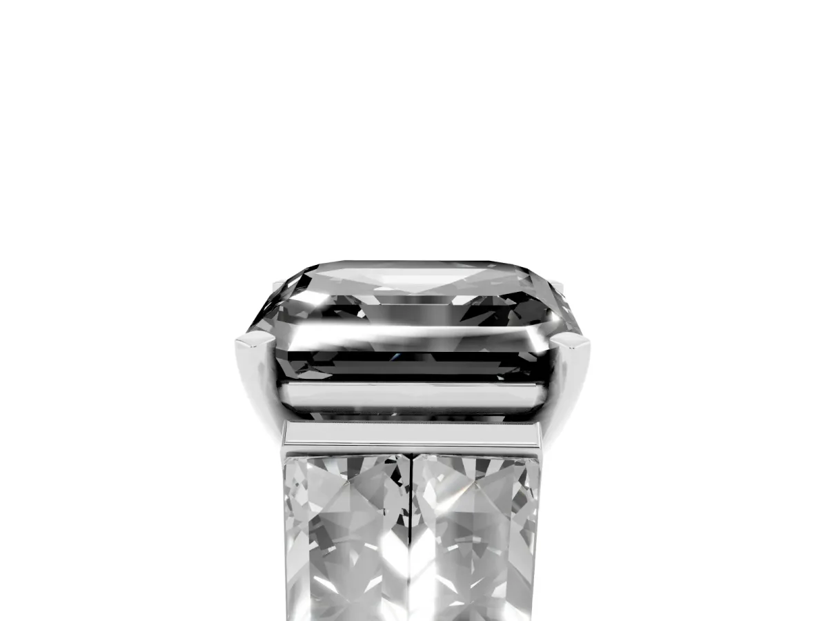 Fancy Black Asscher Cut Diamond Engagement Ring with Baguette Side Stones and Channel Set Band Silver