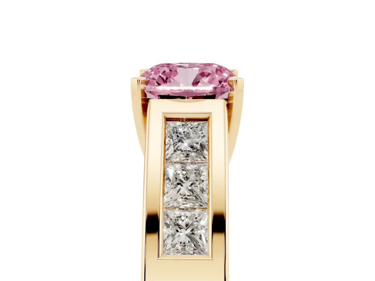 Fancy Pink Cushion Cut Cut Channel Set Solitaire Ring with Four-Prong Setting Yellow gold