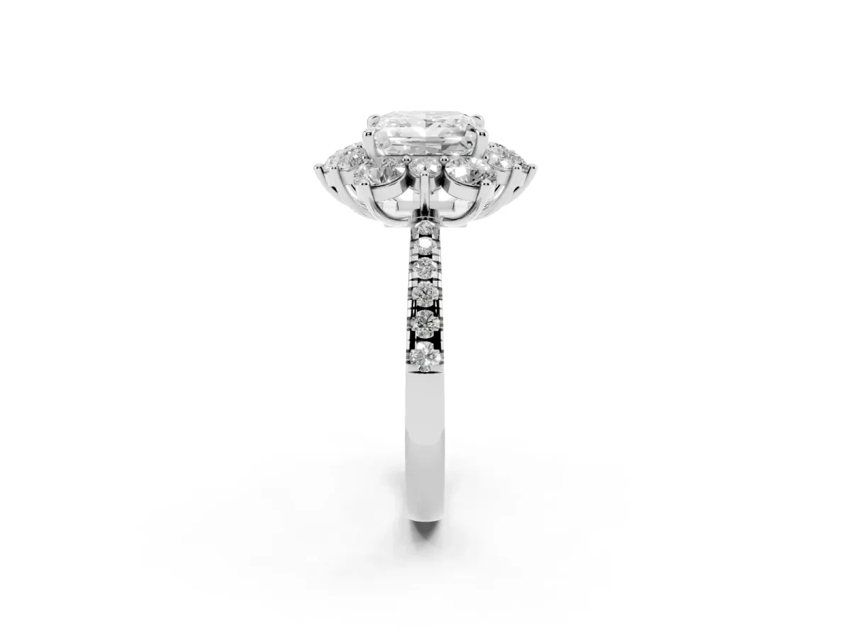 Princess Cut Diamond Floral Halo Ring with Round Pavé Band and Prong Setting Silver
