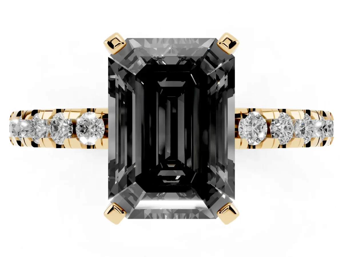 Fancy Black Emerald Cut Diamond Solitaire Ring with Round Pavé Band and Four-Prong Setting Yellow gold