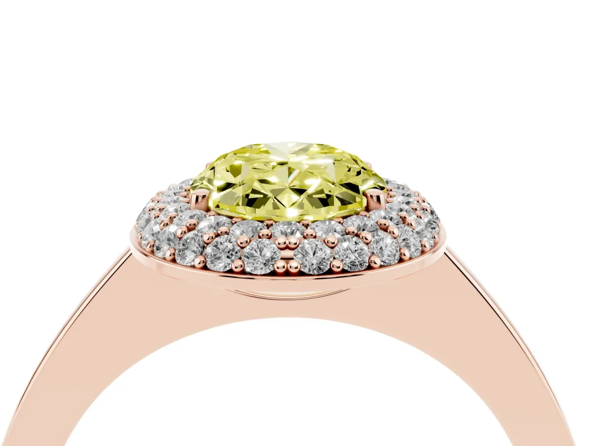 Fancy Yellow Oval Cut Halo Diamond Engagement Ring with Solitaire Band and Four-Prong Setting Rose gold