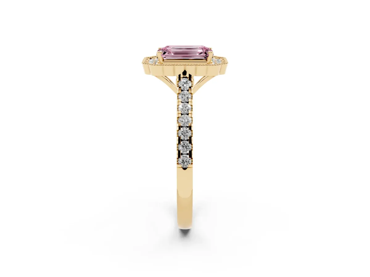 Fancy Pink Emerald Cut Cut Diamond Milgrain Floral Halo Engagement Ring with Pavé Band Yellow gold