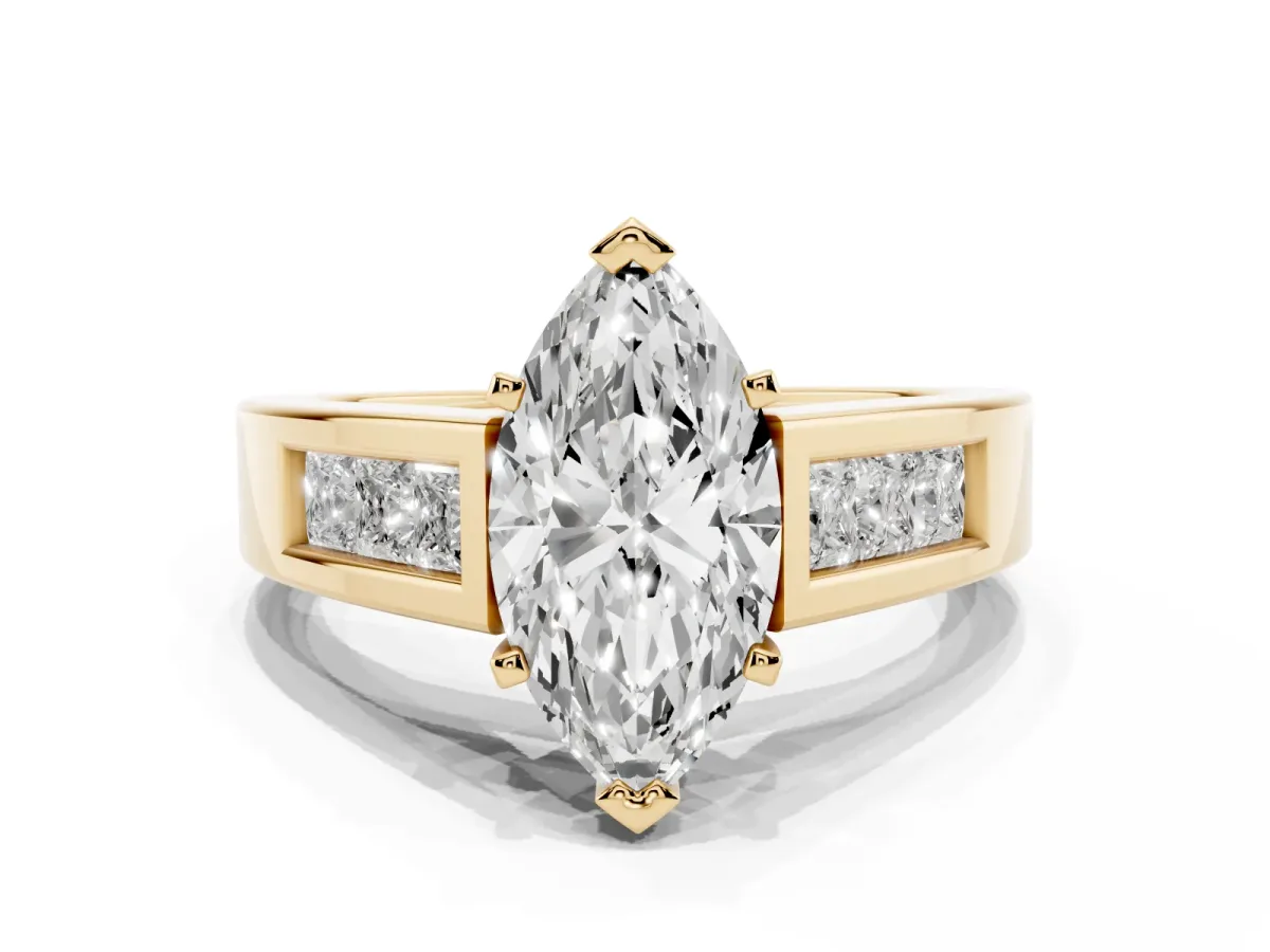 Marquise Cut Cut Channel Set Solitaire Ring with Four-Prong Setting Yellow gold
