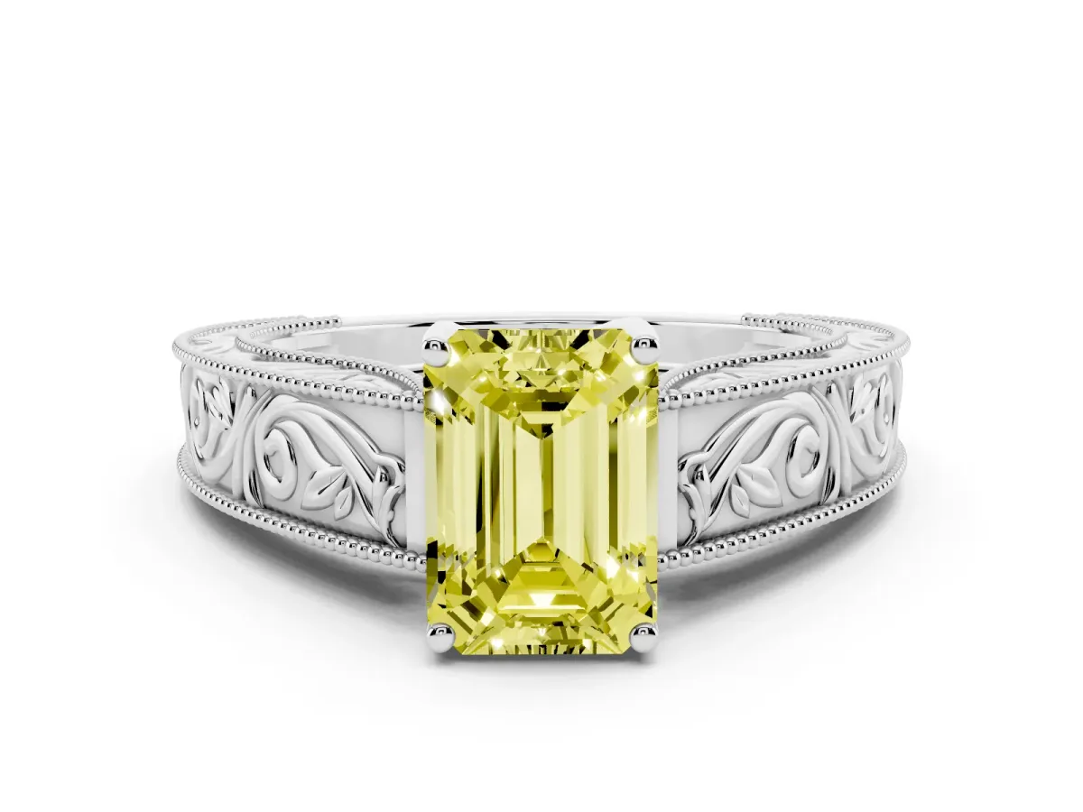 Fancy Yellow Emerald Cut Diamond Solitaire Ring with Engraved Band and Four-Prong Setting Silver