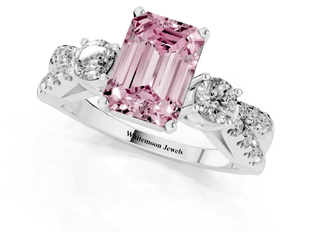 Fancy Pink Emerald Cut Diamond Three-Stone Ring with Pavé Split Shank and Four-Prong Setting Silver