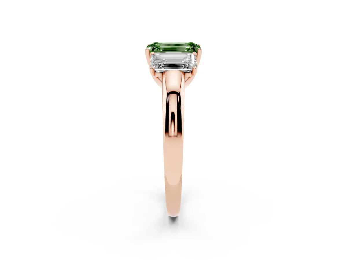 Fancy Green Emerald Cut Diamond Three-Stone Ring with Four-Prong Setting and Classic Band Rose gold