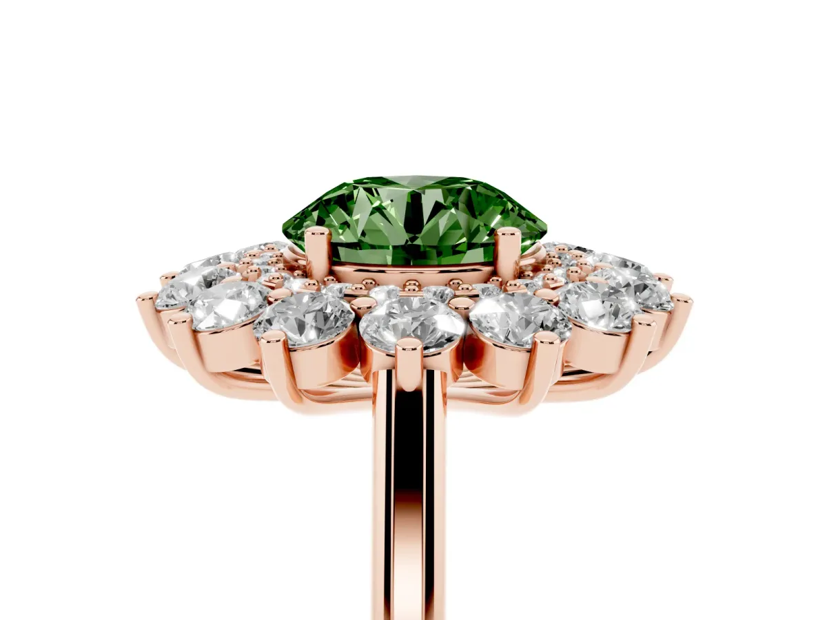 Fancy Green Round Cut Diamond Floral Double Halo Engagement Ring with Prong Setting Rose gold