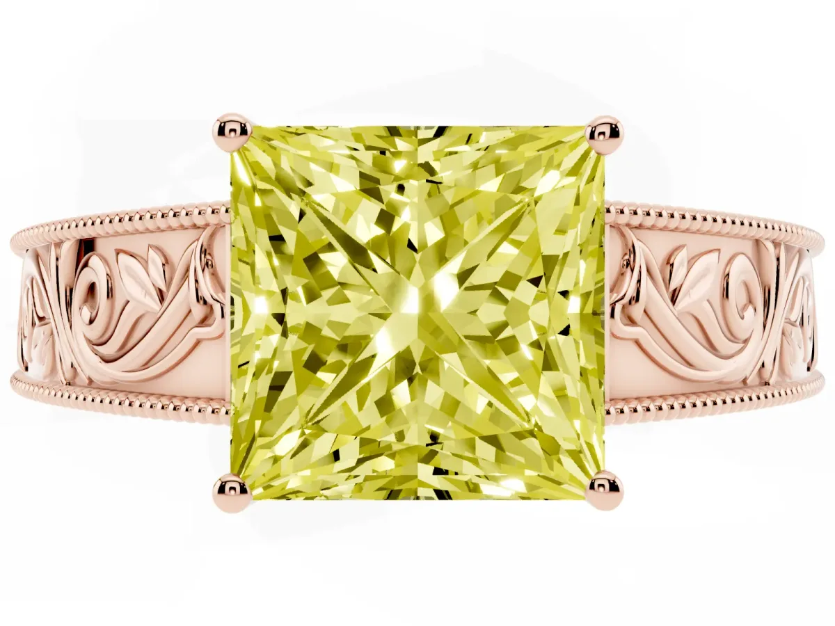 Fancy Yellow Princess Cut Diamond Solitaire Ring with Engraved Band and Four-Prong Setting Rose gold