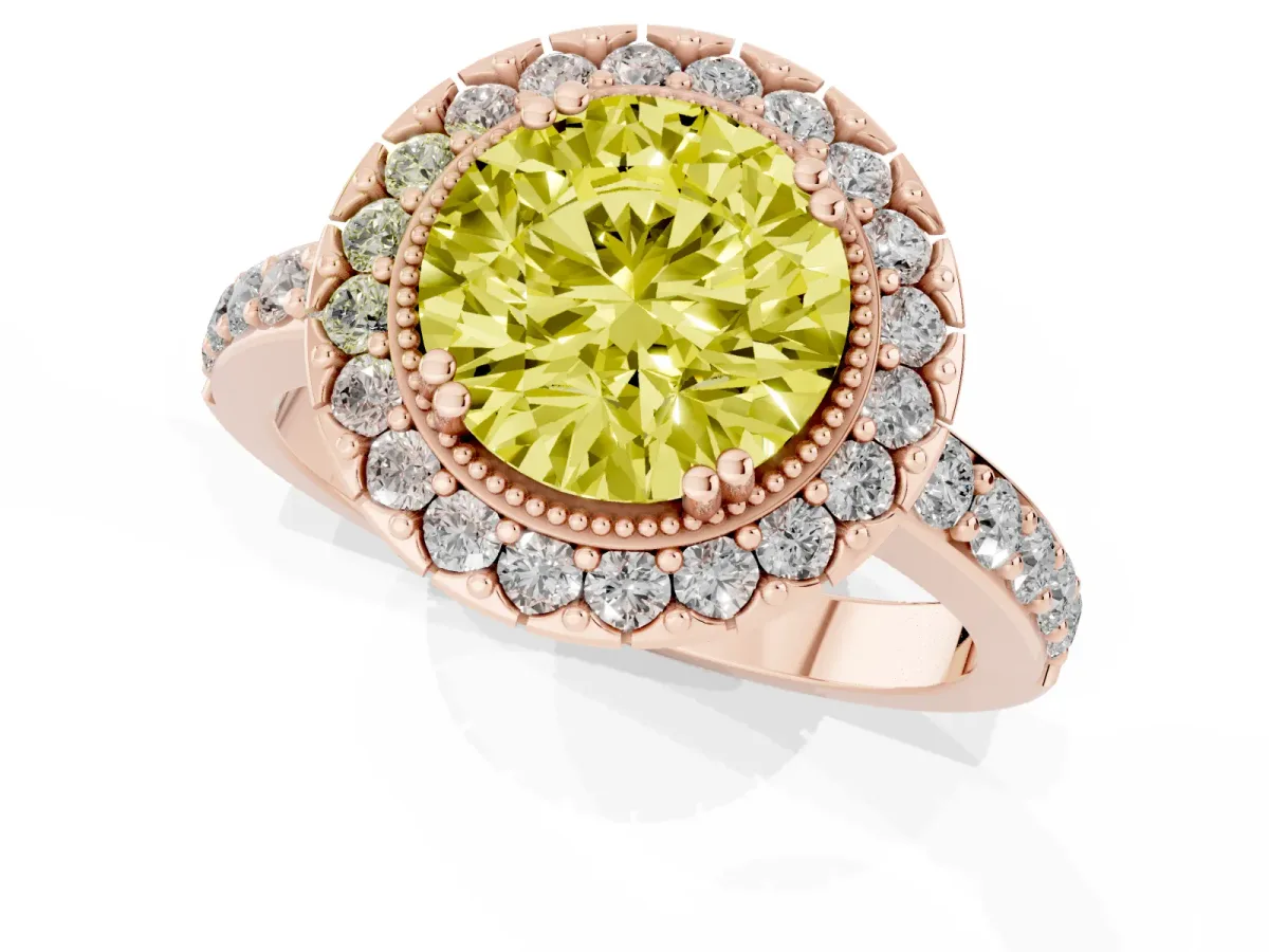 Fancy Yellow Round Cut Diamond Halo Ring with Pavé Band and Prong Setting Rose gold