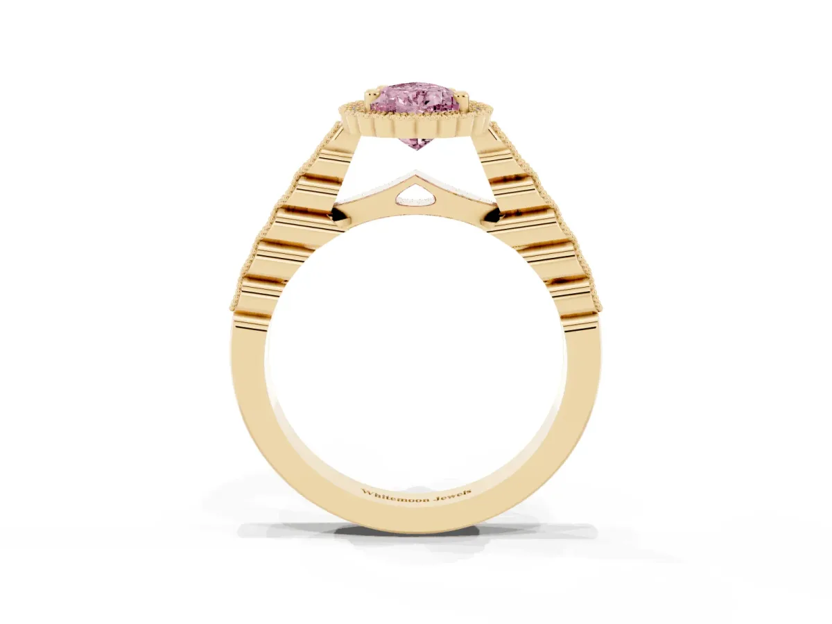 Fancy Pink Pear Cut Cut Halo Pavé Solitaire Ring with Milgrain Band Yellow gold