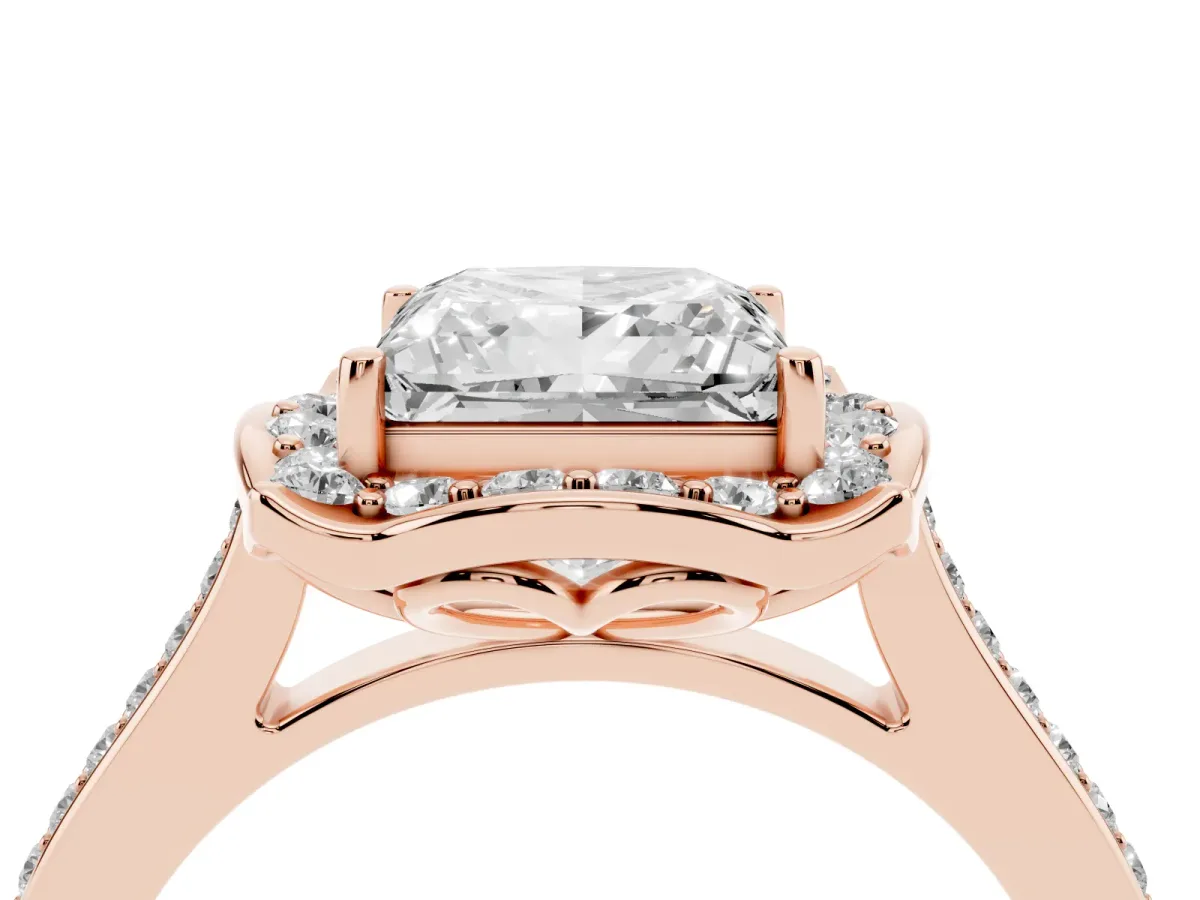Princess Cut Halo Round Diamond Pave Band with Four-Prong Setting Rose gold