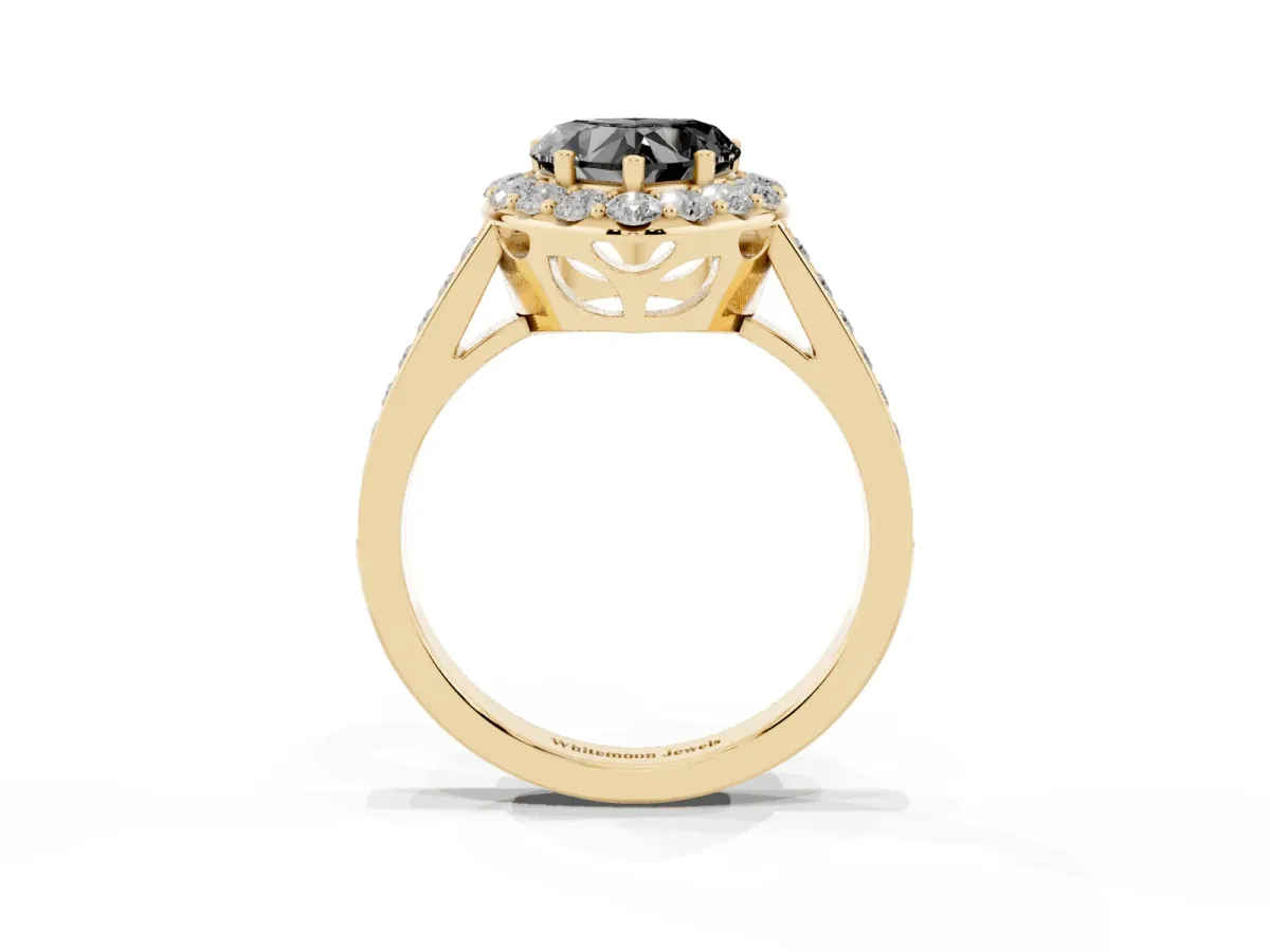 Fancy Black Heart Cut Diamond Floral Halo Ring with Pavé Band and Prong Setting Yellow gold