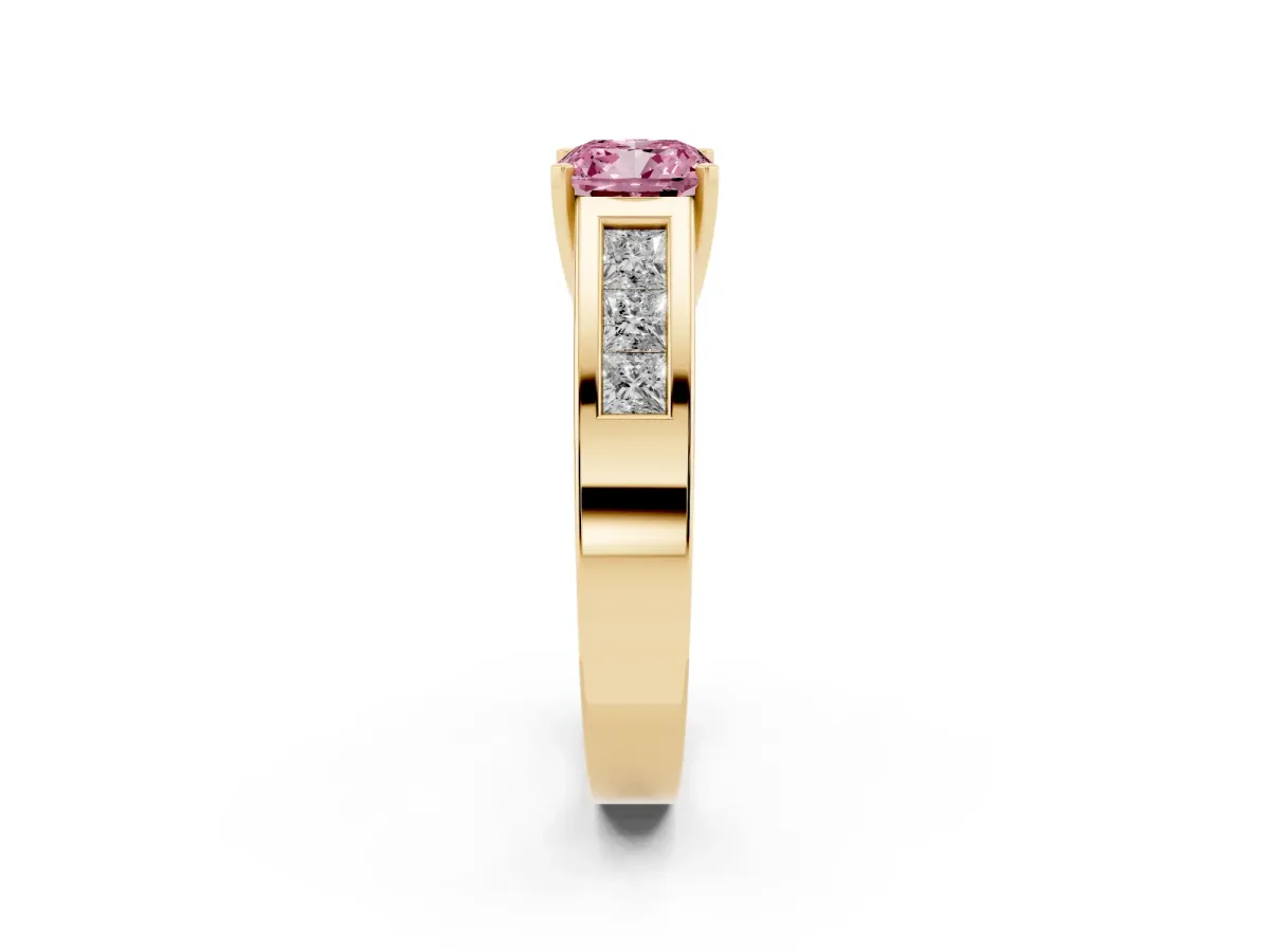 Fancy Pink Cushion Cut Cut Channel Set Solitaire Ring with Four-Prong Setting Yellow gold