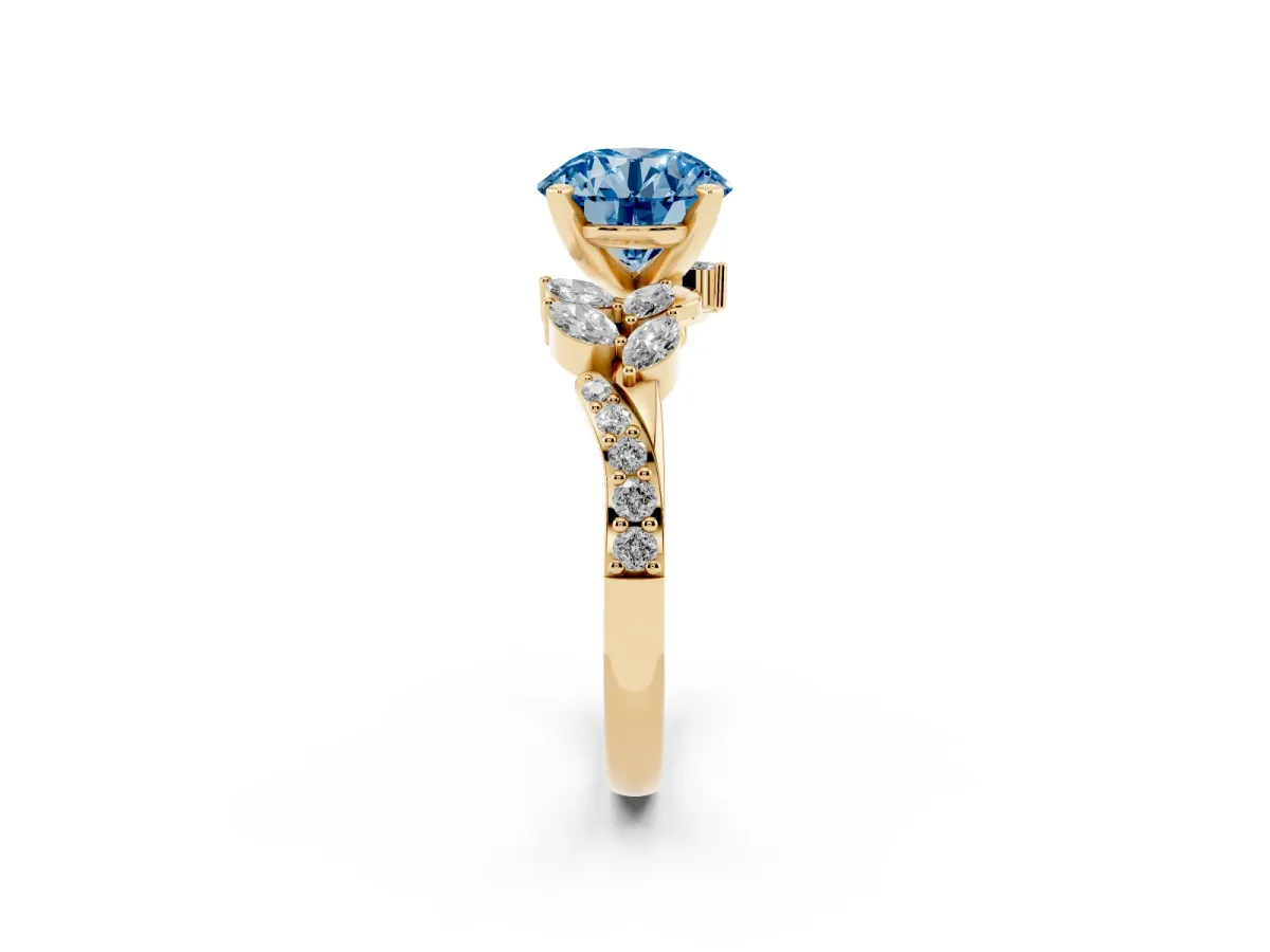 Fancy Blue Round Cut Solitaire Marquise Twist Band with Six-Prong Setting Yellow gold