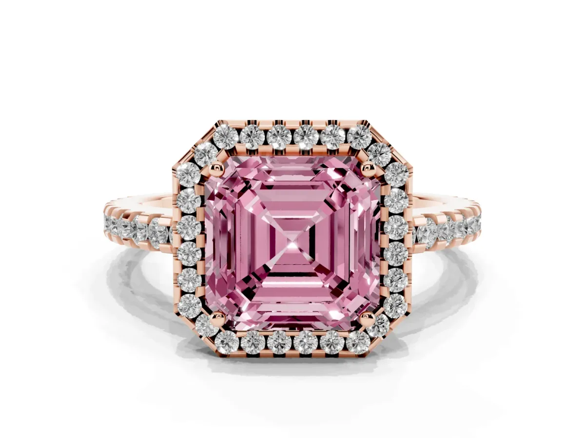 Fancy Pink Asscher Cut Diamond Halo Engagement Ring with Pavé Band and Prong Setting Rose gold