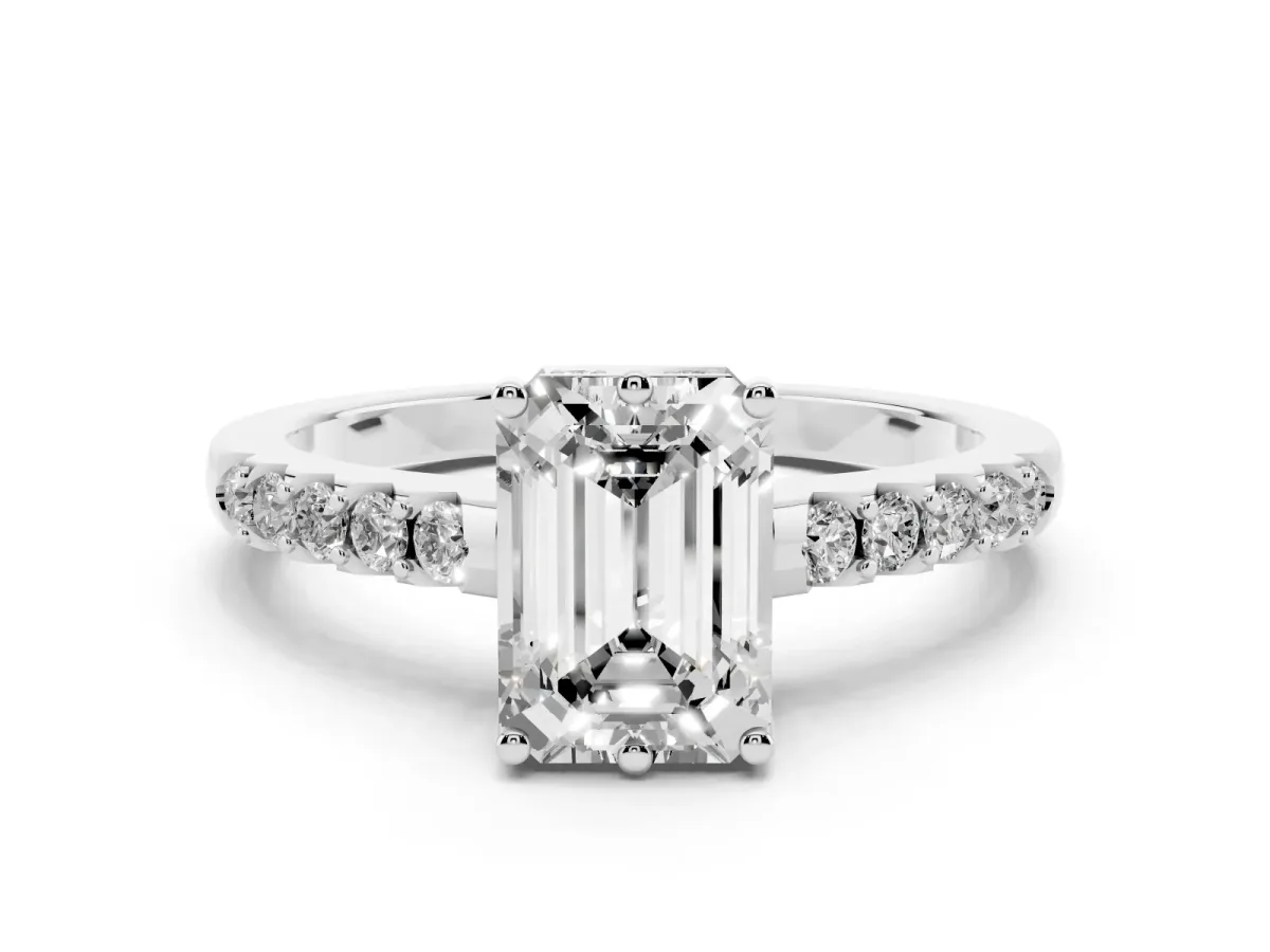 Emerald Cut Solitaire Diamond Engagement Ring with Pavé Band and Six-Prong Setting White gold