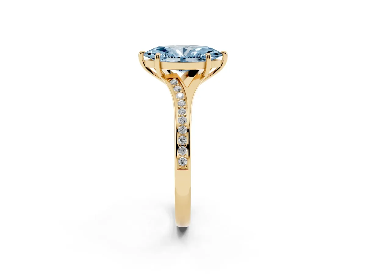 Fancy Blue Marquise Cut Diamond Solitaire Ring with Pavé Band and Prong Setting Yellow gold