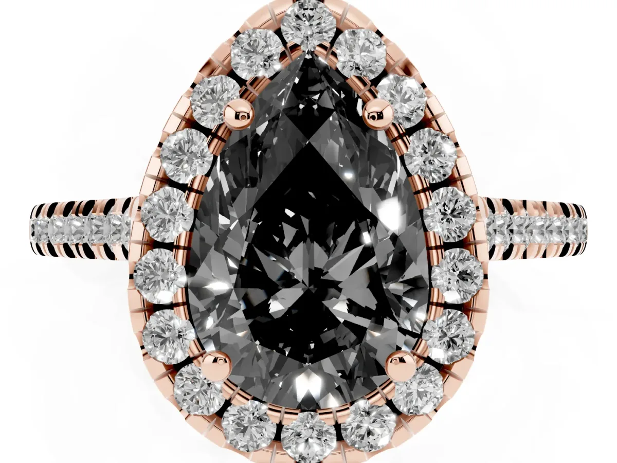 Fancy Black Pear Cut Diamond Cushion Halo Ring with Pavé Band Rose gold