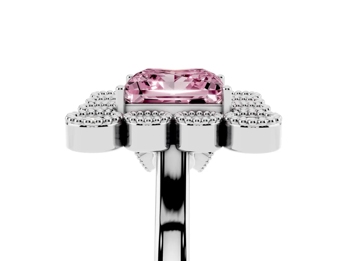 Fancy Pink Princess Cut Halo Diamond Cluster Engagement Ring with Milgrain Bezel Setting and Solitaire Band Platinum