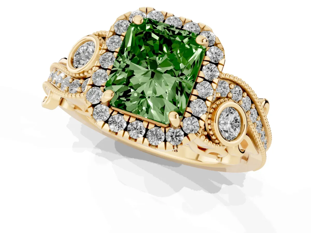 Fancy Green Radiant Cut Halo Diamond Ring with Milgrain and Bezel Accents on a Split Shank Band Yellow gold