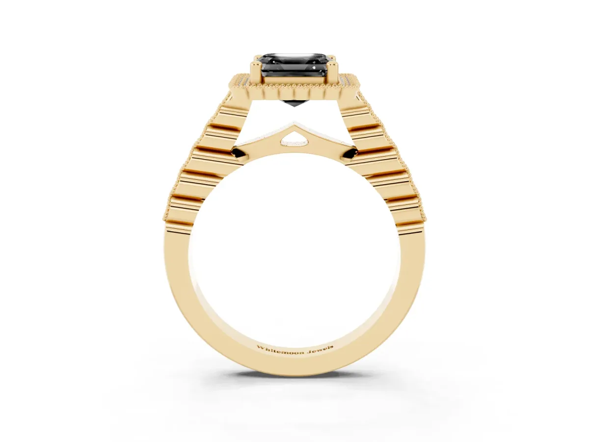 Fancy Black Asscher Cut Cut Halo Pavé Solitaire Ring with Milgrain Band Yellow gold