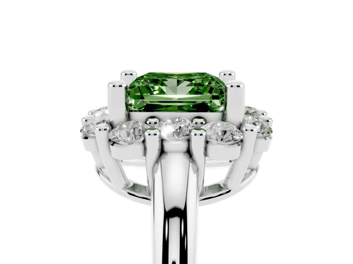 Fancy Green Princess Cut Halo Cluster Diamond Engagement Ring with Prong Setting and Polished Band Platinum