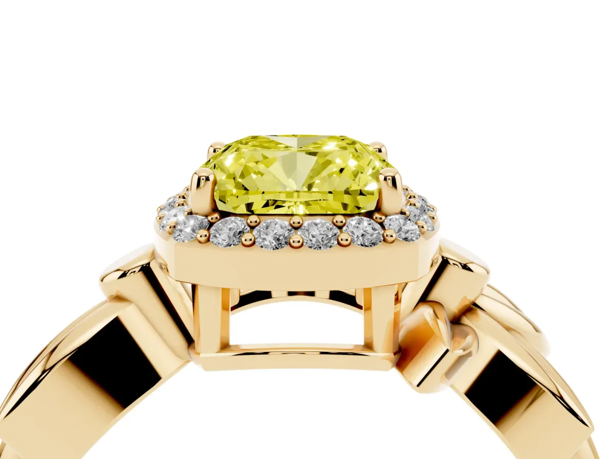 Fancy Yellow Cushion Cut Halo Diamond Floral Band with Four-Prong Setting Yellow gold