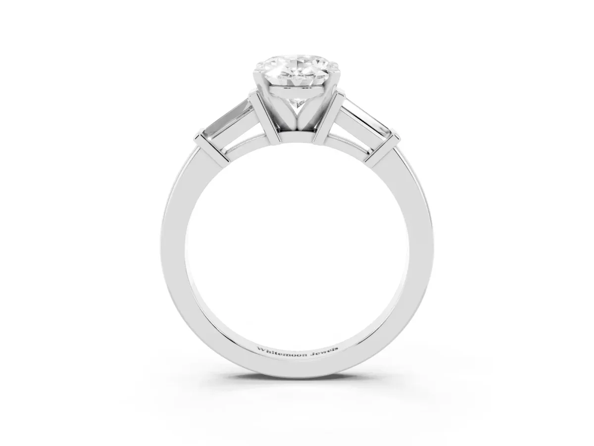 Oval Cut Cut Diamond Solitaire Ring with Tapered Baguette Accents and Four-Prong Setting Platinum