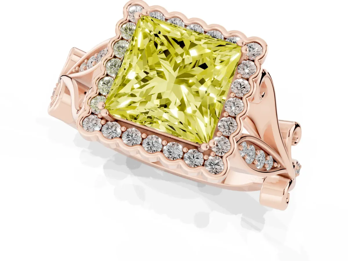 Fancy Yellow Princess Cut Diamond Halo Ring with Vintage Split Shank and Four-Prong Setting Rose gold