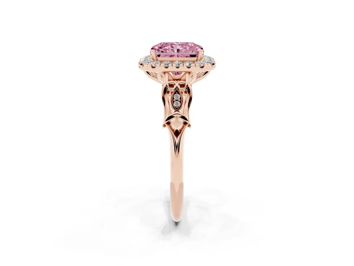 Fancy Pink Radiant Cut Halo Diamond Engagement Ring with Filigree Band and Four-Prong Setting Rose gold