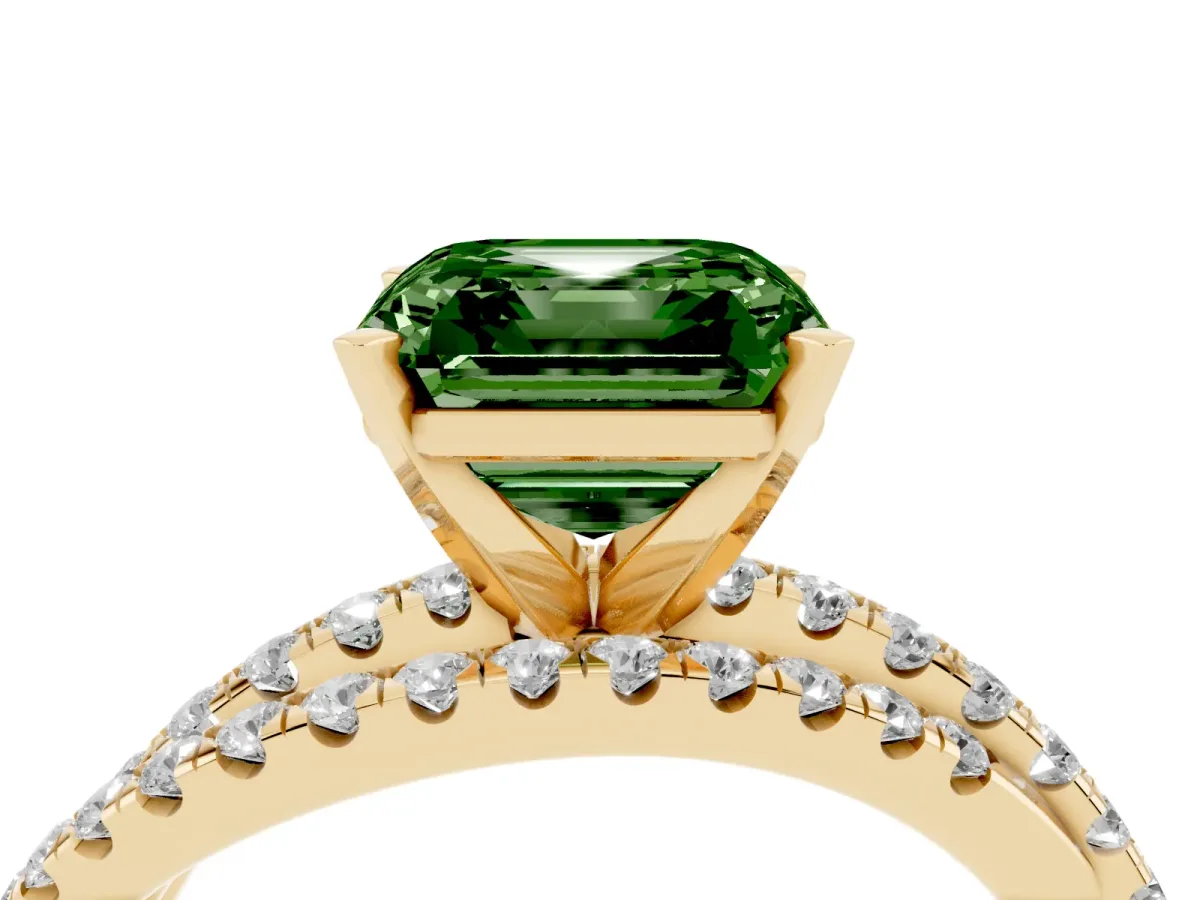 Fancy Green Asscher Cut Solitaire Twist Band with Pavé Setting and Four-Prong Setting Yellow gold