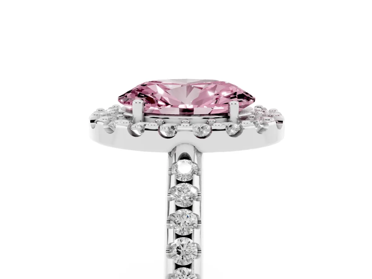 Fancy Pink Oval Cut Diamond Pavé Halo Ring with Four-Prong Setting Silver