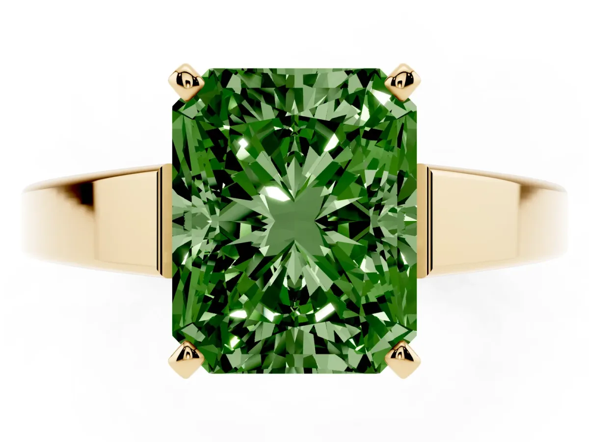 Fancy Green Radiant Cut Solitaire Engagement Ring with Four-Prong Setting and Tapered Band Yellow gold