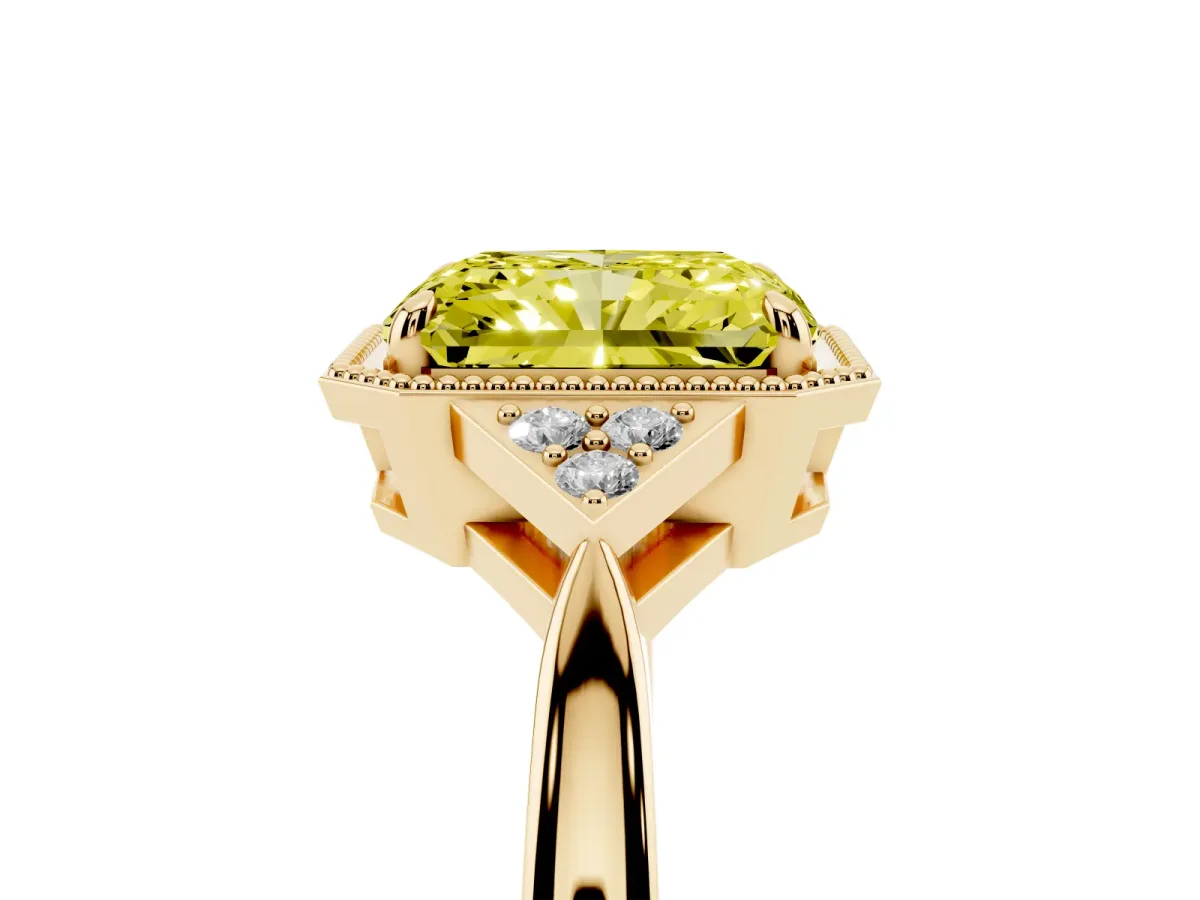 Fancy Yellow Radiant Cut Diamond Halo Ring with Tapered Band and Four-Prong Setting Yellow gold