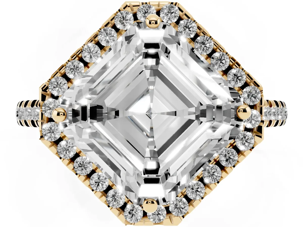 Asscher Cut Diamond Cushion Halo Ring with Pavé Band Yellow gold