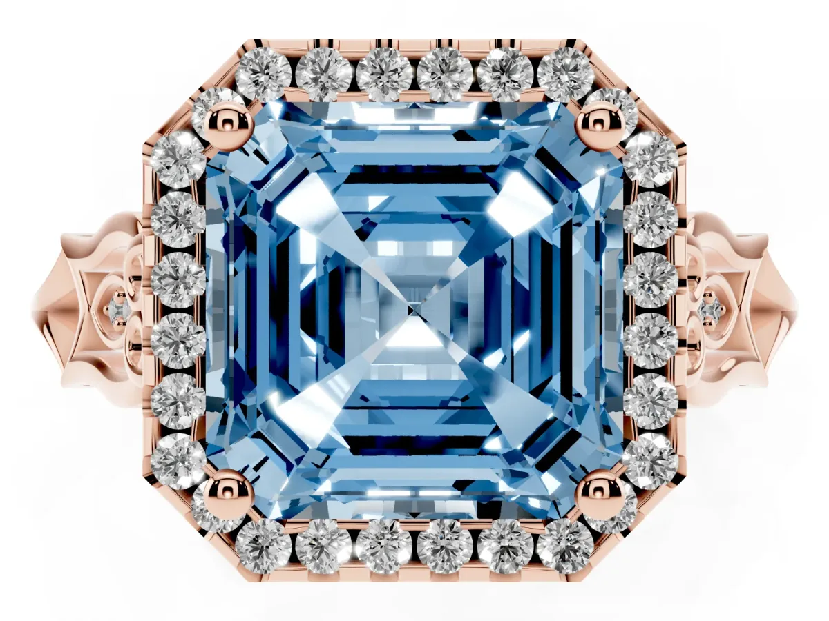 Fancy Blue Asscher Cut Halo Diamond Engagement Ring with Filigree Band and Four-Prong Setting Rose gold